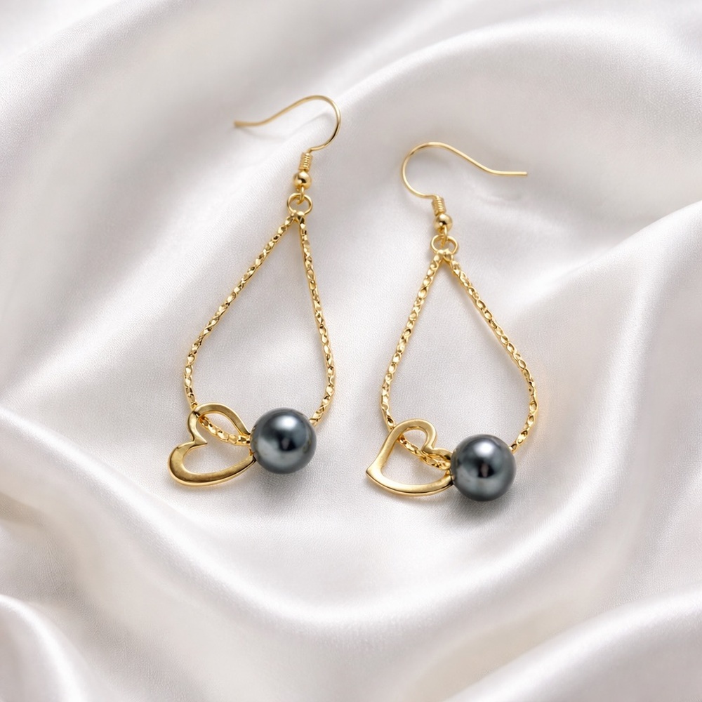 Gold Heart Drop Earrings with Dark Gray Pearl Accent